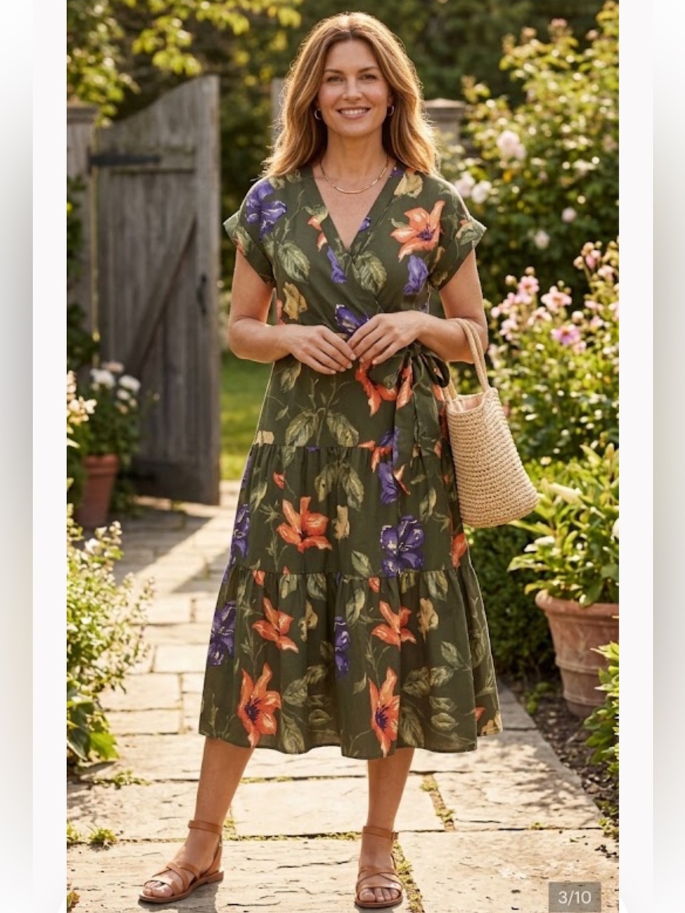 Lauren Ralph Lauren Olive Floral Wrap Midi Dress - Purple & Orange Blooms